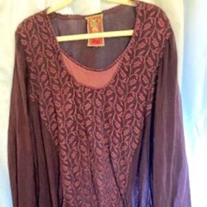 STUNNING!! Johnny Was Rayon Wine Tunic Top Size Xl Blouse BEAUTIFUL Front Lace